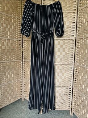 Haute Monde Black & White Striped Off-Shoulder Jumpsuit